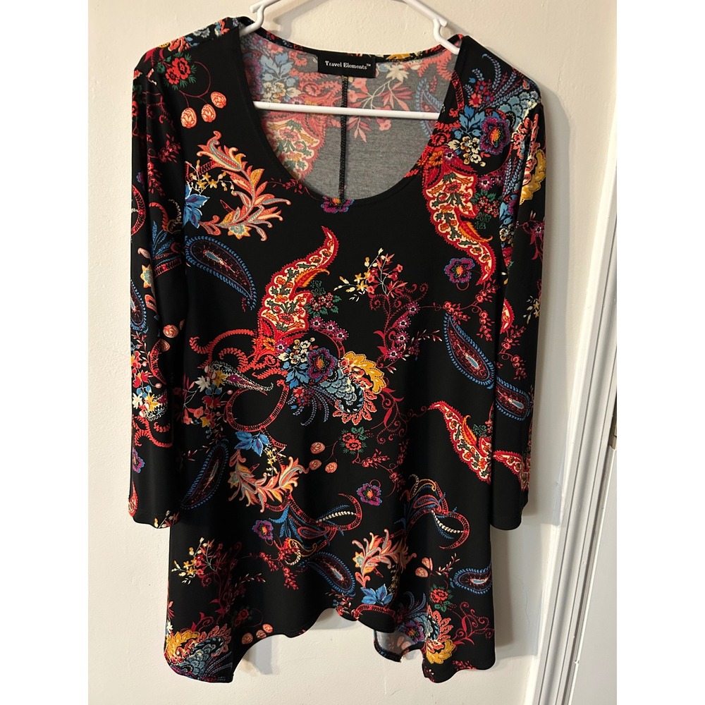 Travel Elements Womens Paisley Floral Sharkbite Hem Tunic Top Black Size M
